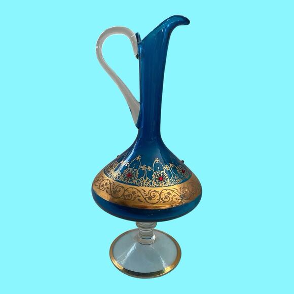 VTG Italian Venetian Murano Aqua Blue Glass Gold Gilt Red Jewels Ewer Decanter - Picture 7 of 16
